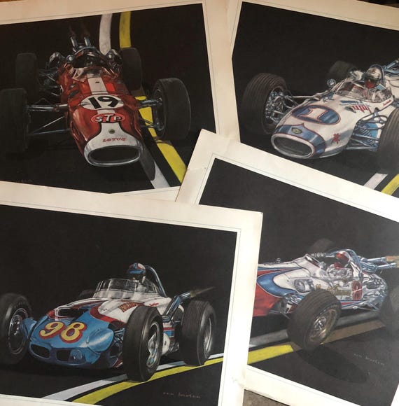 Set of Four 1969 Ron Burton Indy 500 Lithographs  Jim Clark #19 Parnelli Jone #98 Watson Roadster Mario Andretti Bobby Unser