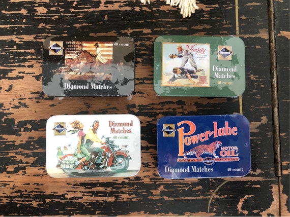 Set of Four Diamond Matches Tin Boxes, Motorcycle, Power Lube Motor Oil, Baseball