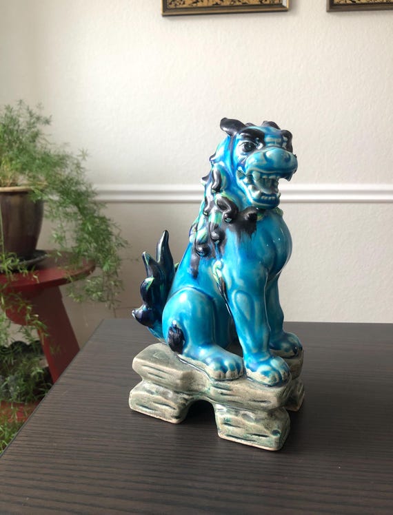 Blue and Green Foo Dog Statue Ceramic Made in Japan Japanese Shishi Feng Shui 1950s Fifties MidCentury