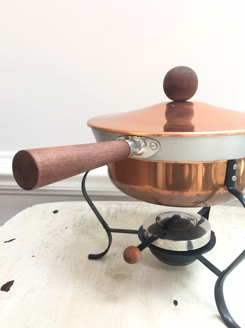 Double Broiler Buffet Vintage Retro Kitchen French Country 4 Piece Set Copper Chafing Dish and Fondue Pan with Wooden Handle