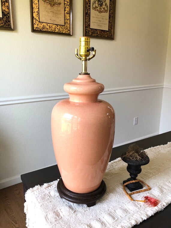 Pink Crackle Lamp Peach Color Large Table Lamp 1980s Eighties Ceramic Peachy Pink No Shade Craquelure Finishing Single Lamp