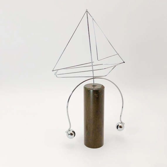 Metal Kinetic Sculpture Ship Art Wooden Stand One of a Kind Mobile Art Sculpture 1970s Decor Physics Decoration Balancing Sculpture