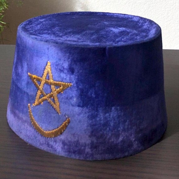 Masonic Blue Velvet Hat Cap African Handmade Nigerian Traditional 1960s Sixties MidCentury Blue And Yellow Stitched Star