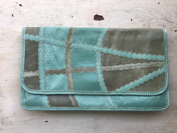 Rare Carlos Falchi Leather Clutch, Turquoise and Green Purse, Multiskin, Exotic Skins, Snake Skin, Calf Sin, Boho Style, Designer Bag