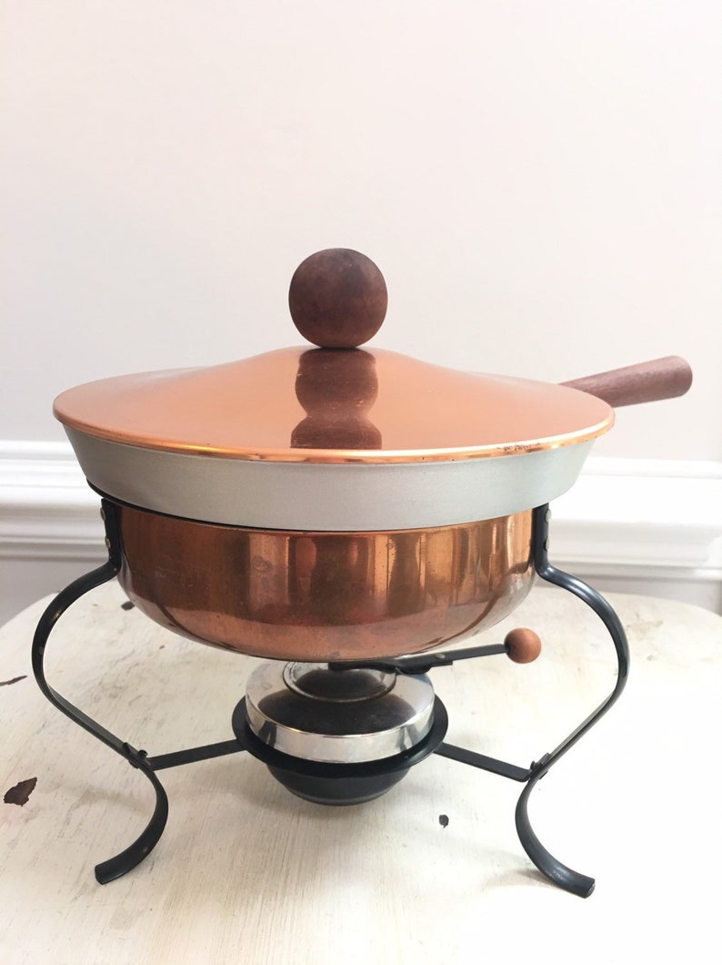Double Broiler Buffet Vintage Retro Kitchen French Country 4 Piece Set Copper Chafing Dish and Fondue Pan with Wooden Handle