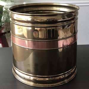 Brass Planter Pot Container with Copper Ring Copper Trash Can 12&quot; Tall Plant Pot 1980s Eighties Hollywood Regency
