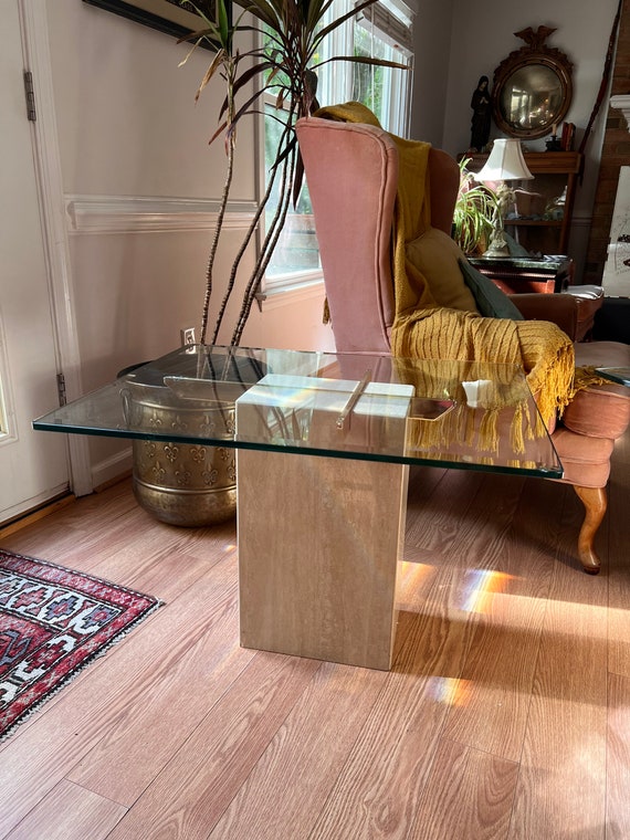 Mid Century Modern Table Travertine Glass Table Minimalist Aesthetic Decor Maitland Smith Style Pedestal Table Midcentury Modern Side Table