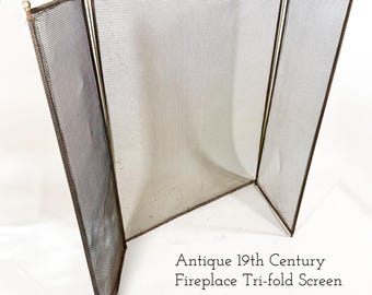 Antique 19th Century Fireplace Screen Hinged Folding Fireplace Screen Mesh Fire Guard Hinged Tri Panel Hearth Screen Rustic Iron Fireguard