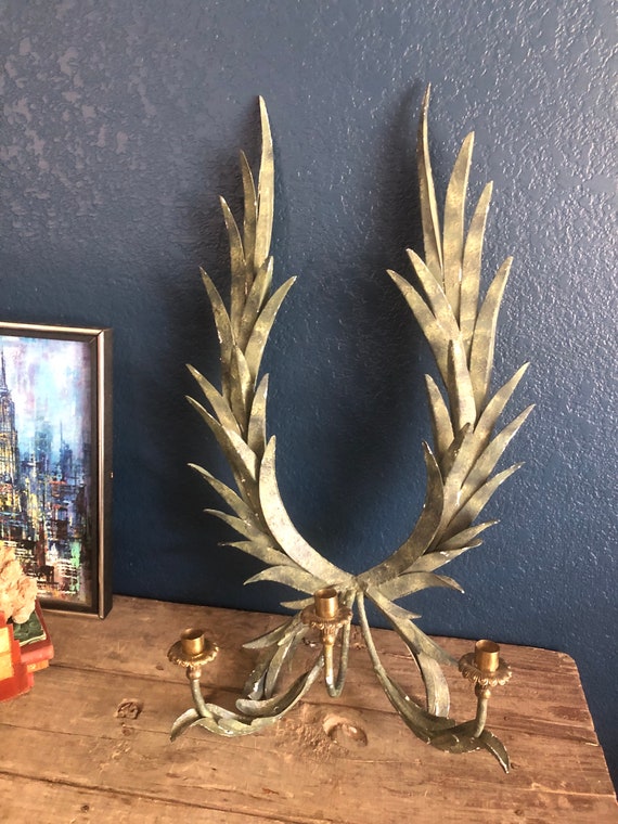 Large Brass Wall Decoration Art Wheat Decor Wall Candle Holder Unique Wall Sconce Hollywood Wall Art 1960s Cast Iron Wall Candle Holder