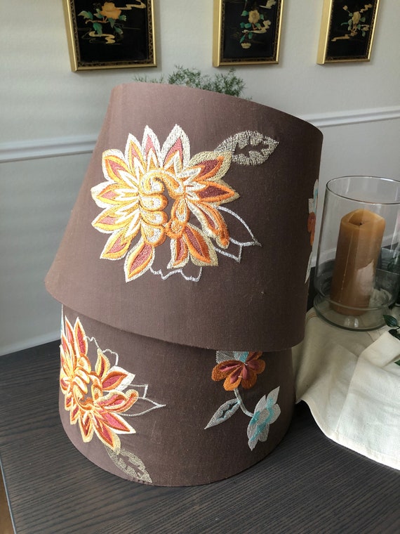 Pair of Embroidered Floral Bohemian Lampshades, Drum Shape, Set of Two, Boho Chic, Eclectic, Vintage, Seventies