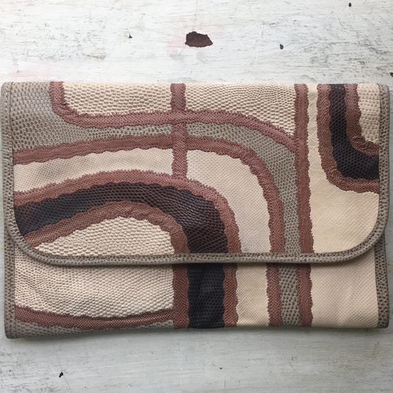 Vintage Brown Leather Purse Exotic Snake Skins Handmade Purse 1970s Bag Hand Stitched Textured Calf Sin Bag Boho Carlos Falchi Clutch Night
