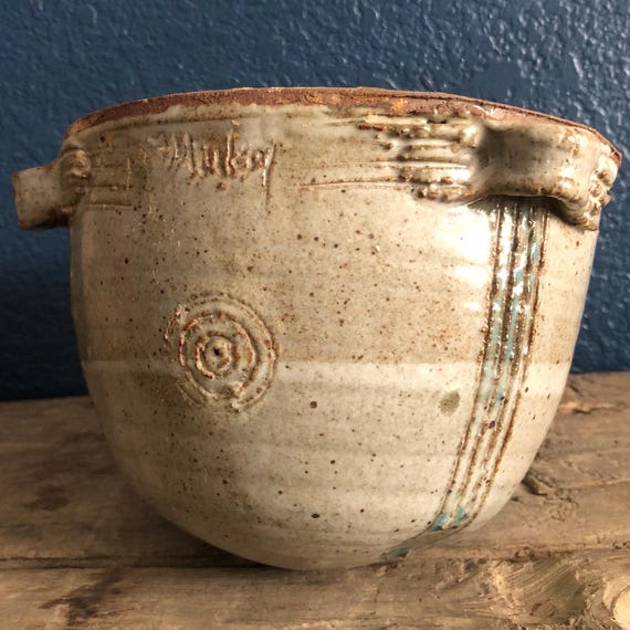 Studio Pottery Rare Small Three Handled Mackey Studio Pottery Ceramic Planter Pot Signed Handmade Ceramic Vessel Late 1970s Stoneware