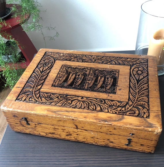 Hand Carved Wooden Box Lidded Box Large Floral Box 1970s Decor Wooden Art Decor Grapes Vines Art Metal Spin Locks 6 Women Holding Flowers
