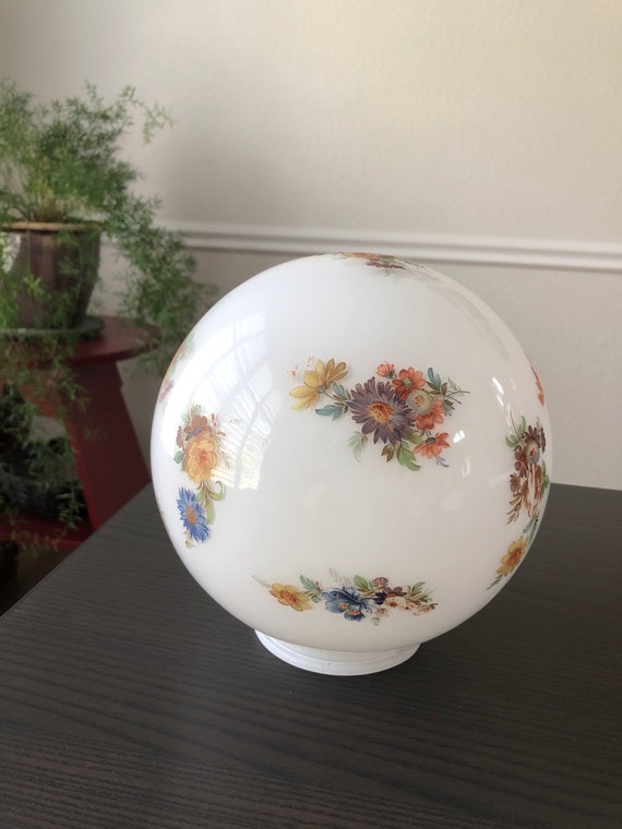 Glass Globe Lamp Hand Painted Floral Capidimonte Light Fixture Table Lamp Hanging Light Fixture Ceiling Light Cover 4" Rim 1970s Decorations