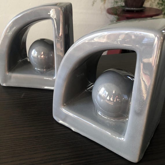 Post Modern Art Sculpture Book Ends Ceramic  Very Rare 1980s Jaru of California Pottery Gray Sphere Bookends Quarter Circle Arch Vintage