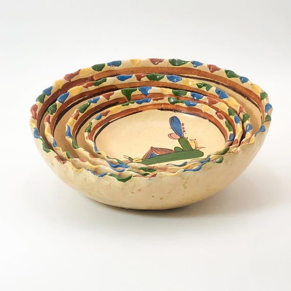 Nesting Bowls Terracotta Handmade Bowl Vintage Mexican Bowl 1950s Decorations Mid Century Bowl Handpainted Art Mexican Set of 4 Tlaquepaque