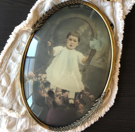 Victorian Picture Baby Metal Frame Brass Vintage Picture Frame Filigree Frame One of a Kind Convex Glass Wall Decor Antique Entry Room Decor