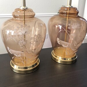 set of two clear amber glass bedside lamps