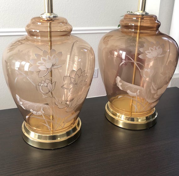 Amber Glass Lamp Flower Table Lamp Pair Clear Lamp See-Through Etched Floral Lamp Hollow 1990's Matching Pink Lamps Gold Base 1960s Decor