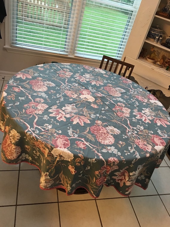 Romantic Round Flower Table Cloth, Set of Two, 69" Grayish/Green Background Floral Pattern, Flowery Table Cover, 1990, Floral Bedside Linen