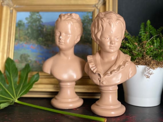 1950's ABCO Pink Chalkware Busts of Two French Children Statues Alexander Backer Company N. Y. Elegant