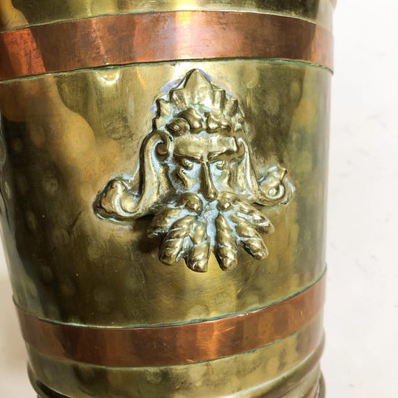 Antique Brass Bucket Vintage Trash Can Decor Brass Trash Can Rustic Decor Living Room Art Brass Trash Can 1970s Decor Bearded Manhead Handle