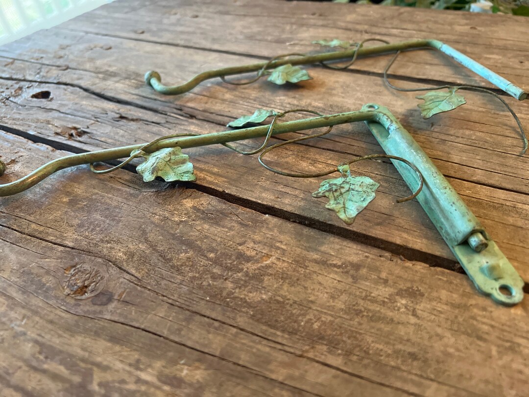 Wall Mounted Copper Green Metal Wall Hangers With Leaves, Vintage