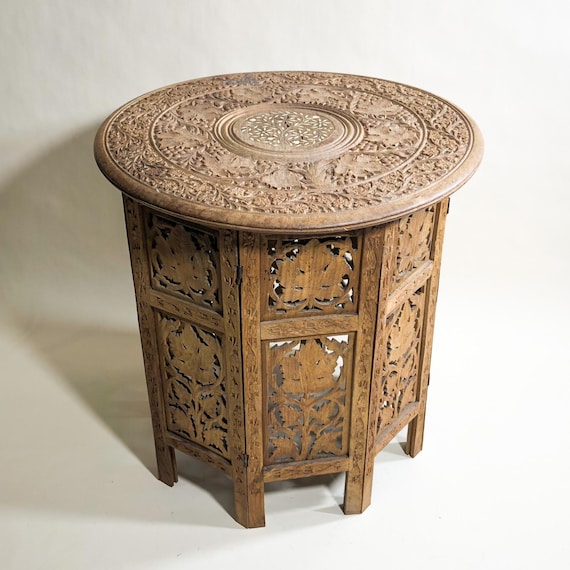 Carved Wood Six Sided Table Boho Decor Table Indian Folding Table Bohemian Vintage Table Hexagon Inlay Table Living Room Decor Collapsible