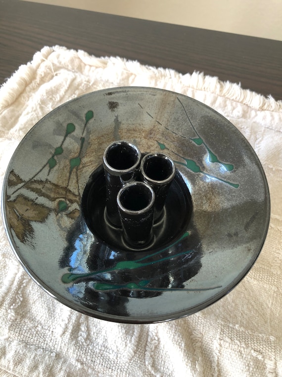 Flower Frog Black Ceramic Frog with Green Splatter Glaze Pottery Signed Lamb Vintage Pottery Three Flower Vase Signed Pottery