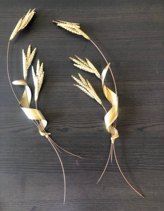 Vintage Mid Century Copper and Brass Modern Wheat Wall Art Gold Leaves Wall Sculpter Leaf Branches Unique Accent Piece