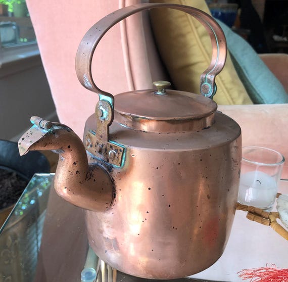 Antique Primitive Tea Pot Copper Kettle Large Vintage Decor Urban Farmhouse Decor Shabby Kitchen Decor English Style Goose Neck 1800s Decor
