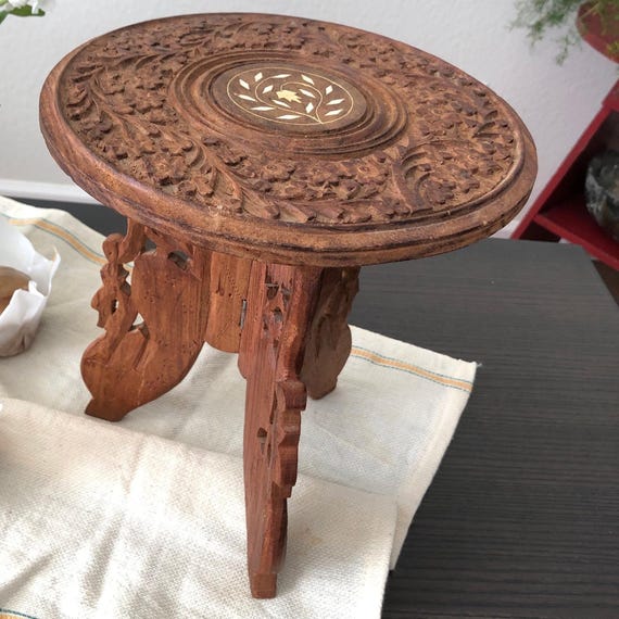 Miniature Carved Teak Accent Table with Shell Inlay 9" Tall Morrocan Decor Wooden Plant Stand Boho Decor Bohemian Eclectic