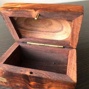 Small Wooden Trinket Box with Brass Tops Inlay Jewelry Box HandCarved Shined Wood With Lid Tiny Chest 1980s Eighties