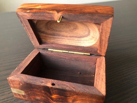 Small Wooden Trinket Box with Brass Tops Inlay Jewelry Box HandCarved Shined Wood With Lid Tiny Chest 1980s Eighties
