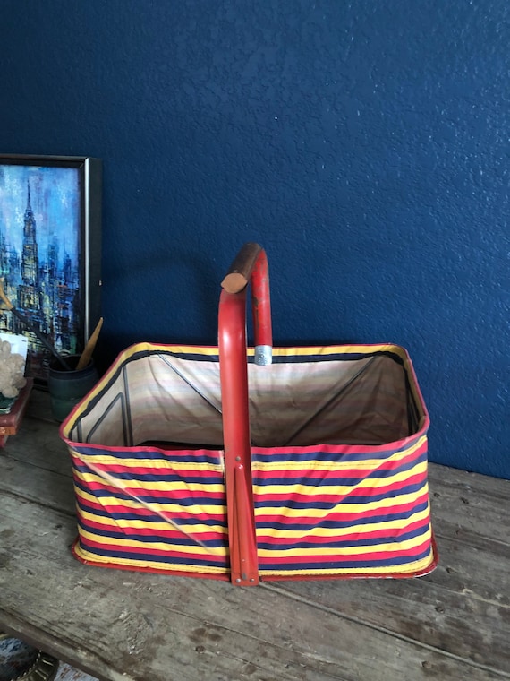 Vintage Market Folding Basket, Metal and Striped Canvas Basket, Cloth Grocery Basket