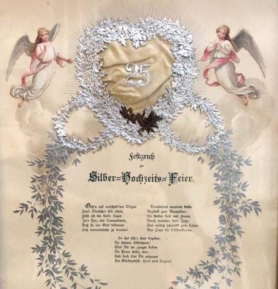 Antique German 25th Wedding Anniversary Lithograph  Silver Anniversary Silber Silver Wreath Silver Heart Poetry