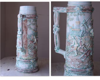 Large Decorative Stein German Beer Stein Wood/Vine Handle Knight Castle and Horse Scenery Medieval Scene Turquoise and Brown Stein