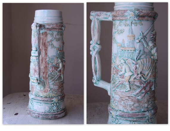 Large Decorative Stein German Beer Stein Wood/Vine Handle Knight Castle and Horse Scenery Medieval Scene Turquoise and Brown Stein