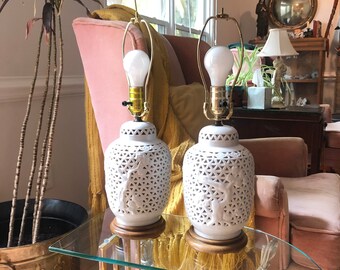 Pair of Mid Century Pierced Porelain Blanc de Chine Table Lamp - Ceramic, Asian, Reticulated, Chinoiserie, Vintage,