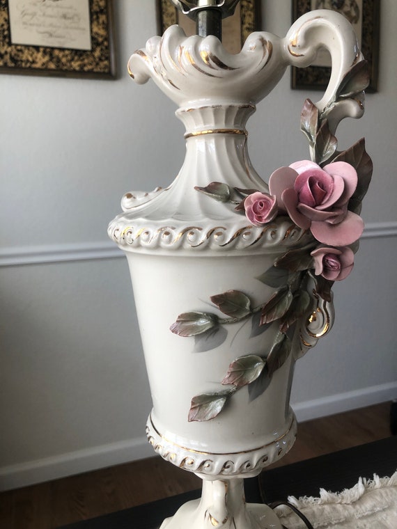 Italian Lamp Vintage Pink Rose Lamp Lighting Porcelain Rose Lamp Finial Floral Lamp Capodimonte Table Lamp Urn Shape Cordey Lamp Italian