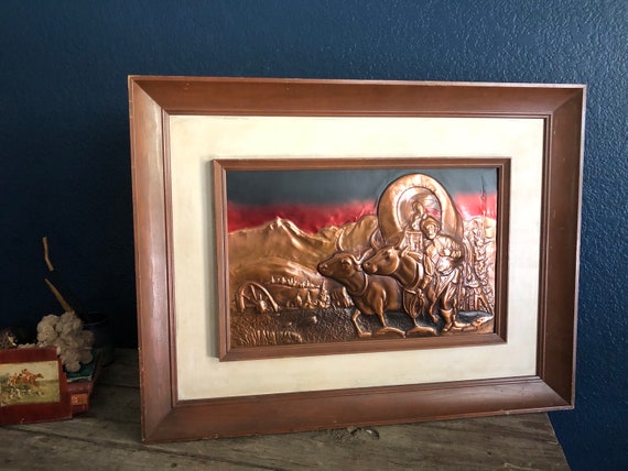 Embossed Copper Frontier Western Scene signed C.L.E. Pearson in Wood Frame - Cowboy, Stagecoach, Pilgrim, Oxen, Oregon Trail, Mountains