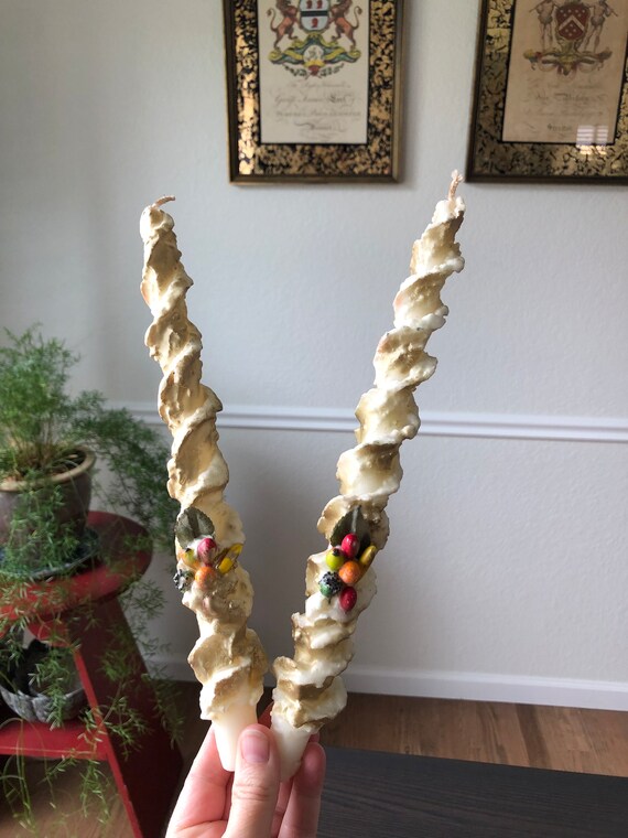 Vintage Penn Christmas Spiral Candles with Fruit Accents  Set of 2 Unique Holiday Décor Gold and White 1960s Sixties MCM