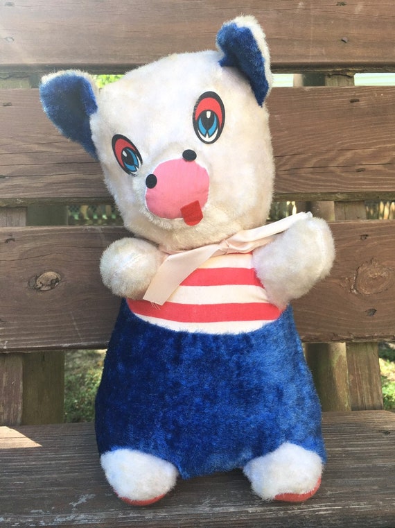 Adorable Mid Century Stuffed Pig, Vintage Stuffed Animal, Stuffed Animal Collectible, Pig Stuffie, Red and Blue Stuffed Pig, Carnival Prize