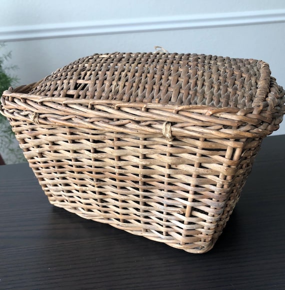 Early Primitive Antique Wicker Rattan Rectangular Basket with Hinged Lid Sewing French Brocade Basket Suitcase Style