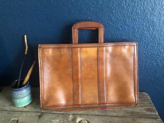 Vintage Two Handled Brown Leather Portfolio Briefcase, Tan Leather, Macbook Case, Messenger Bag, Saddle Bag, Hipster, Bike Bag