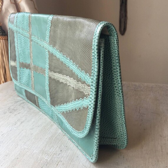 Rare Carlos Falchi Leather Clutch Turquoise and Green Purse Multiskin Exotic Skins Snake Skin Calf Sin Boho Style Designer Bag