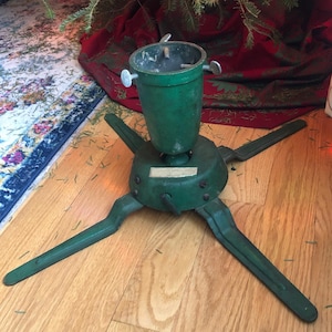 Vintage Heavy Cast Iron Square Green Christmas Tree Stand  Ornate Trimming Collectible Tree Stand