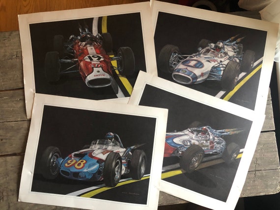 Set of Four 1969 Ron Burton Indy 500 Lithographs - Jim Clark #19, Parnelli Jone #98, Watson Roadster, Mario Andretti, Bobby Unser