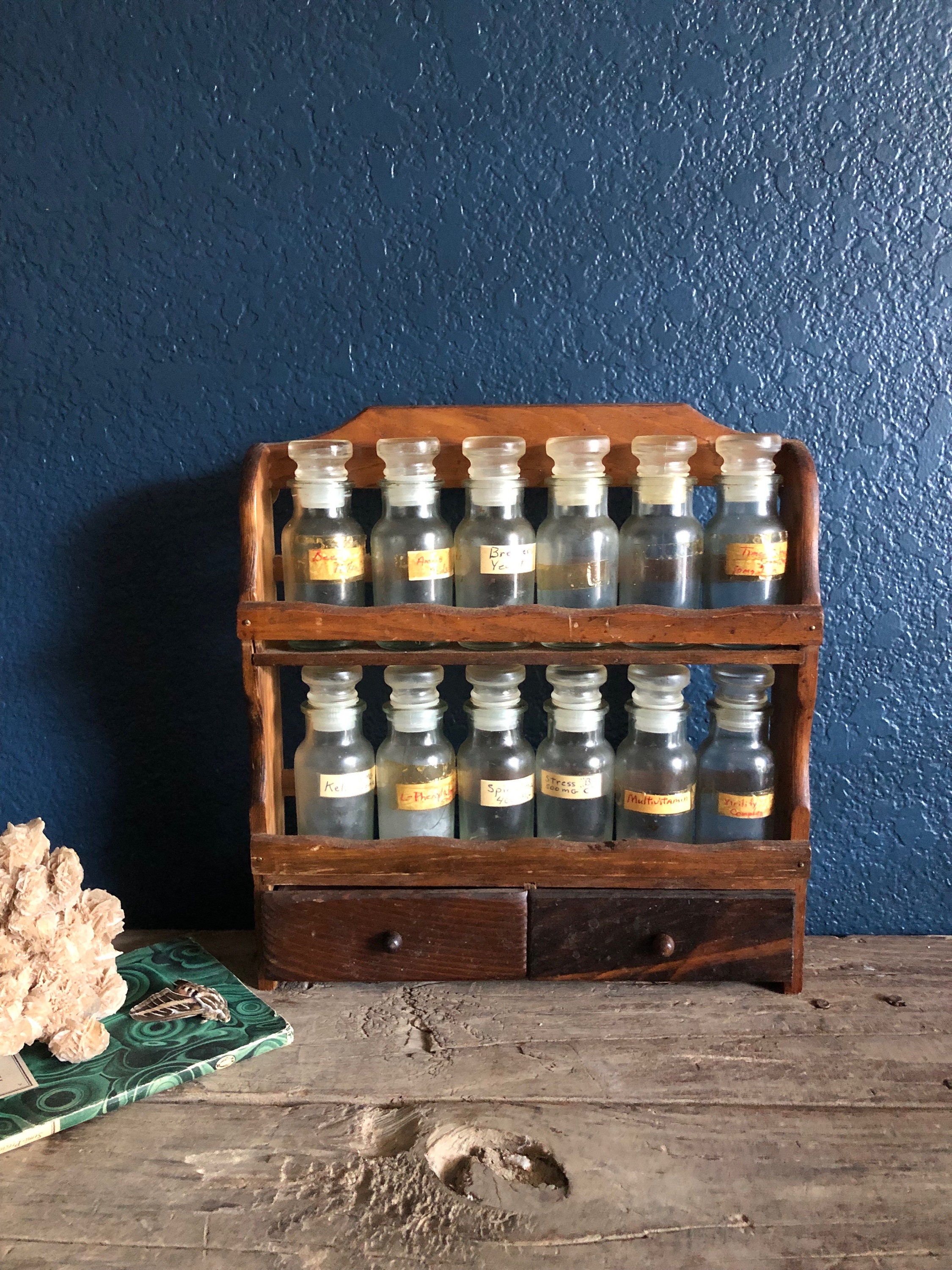 Fabulous Old Spice Rack Mid Century Wooden Spice Rack With Twelve Glass Stopper Spice Bottles vintage Spice Bottles Made in Taiwan Etsy
