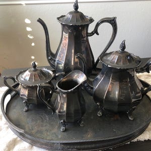 Silverplated Tea Set Coffee Vintage Tea Set Art Silver Decor Vintage Art Holloware 1847 Rogers Bros Magic Rose Pattern #9601 Needs Polishing